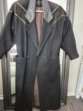 Black Wool-Blend Pea Coat with Leather Trim